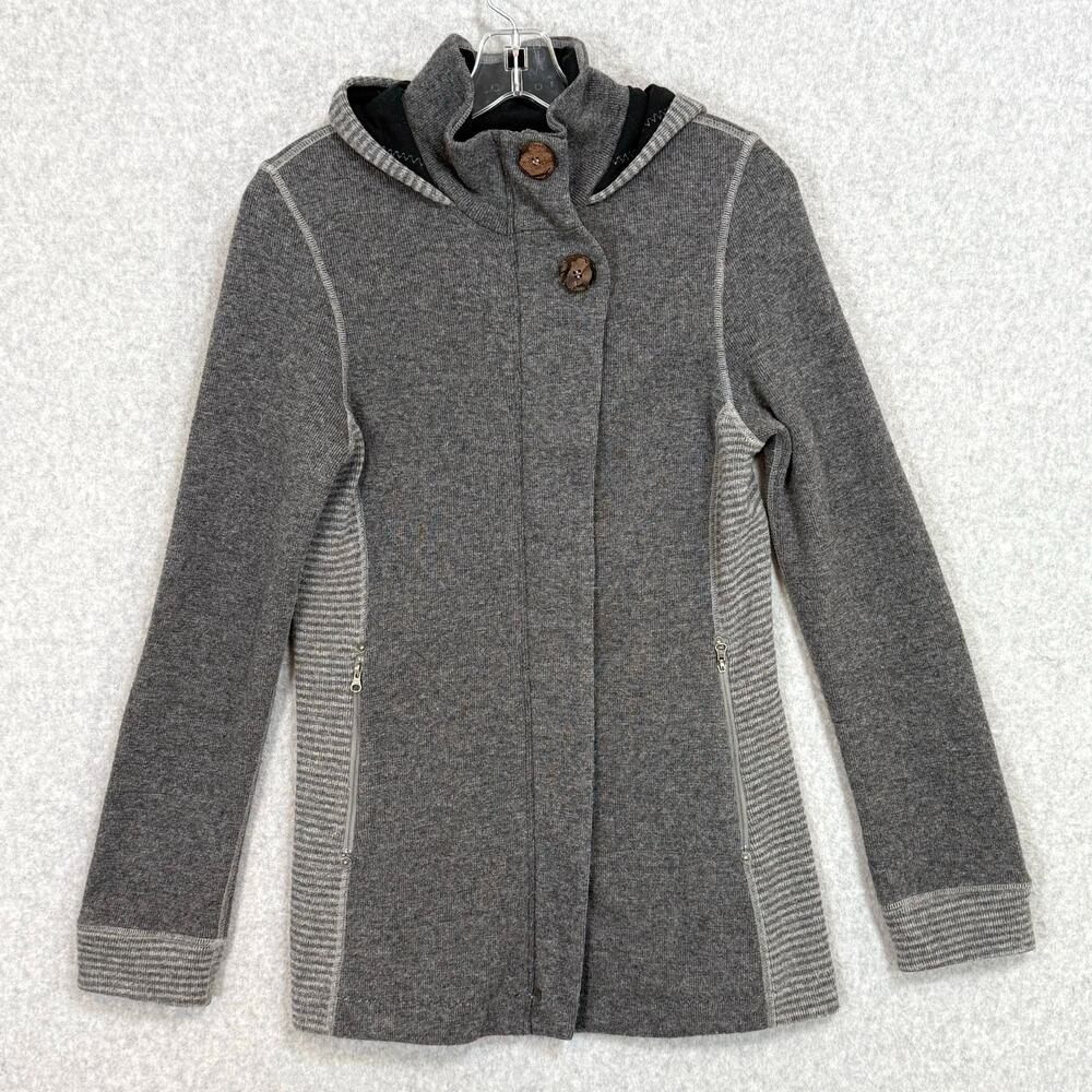 prAna Kari Sweater Jacket Wool Blend Car Coat Size S Striped Hooded Cozycore